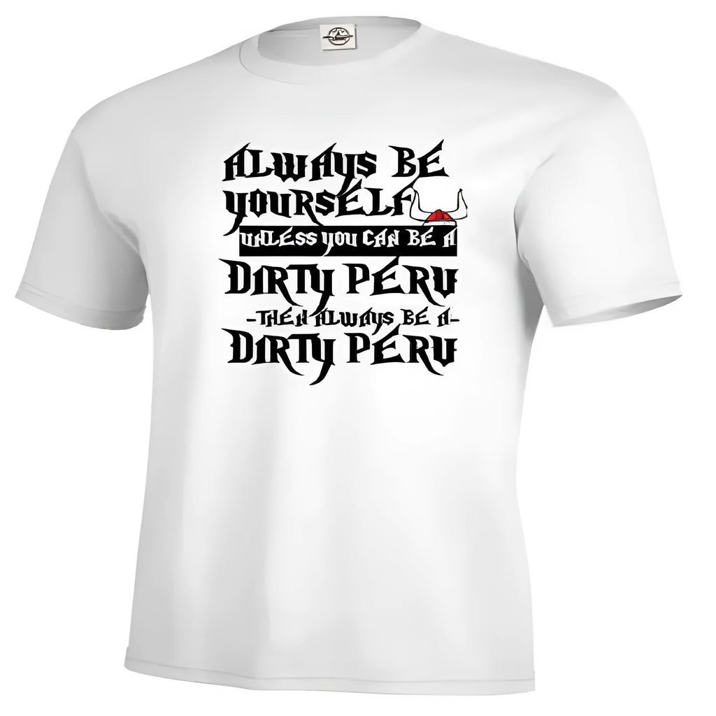 Men's white printed short sleeve T-shirt on hanger showing straight cut and polyester fabric.