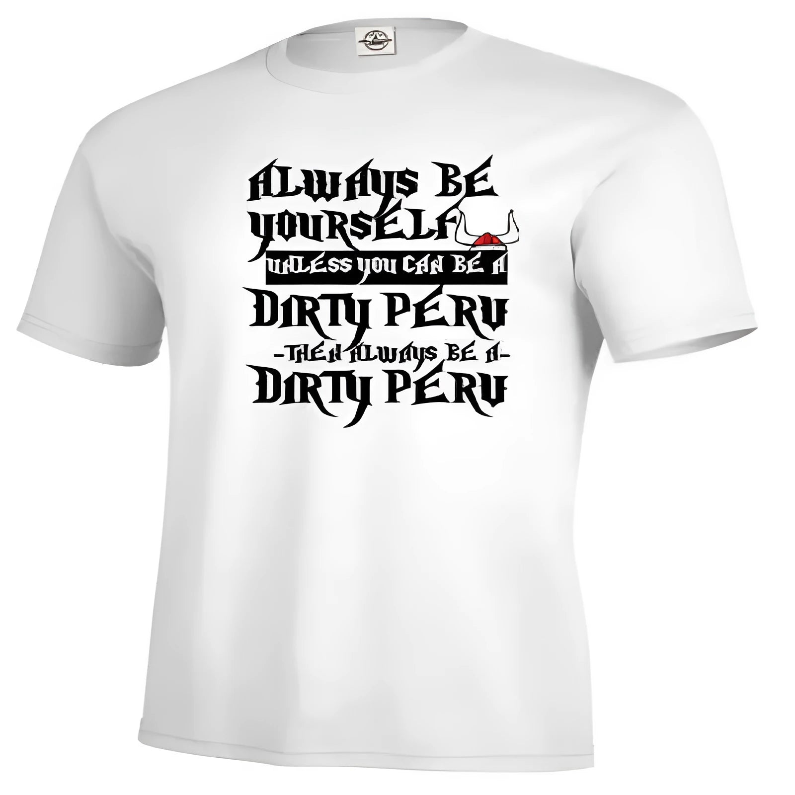 Men's white printed short sleeve T-shirt on hanger showing straight cut and polyester fabric.