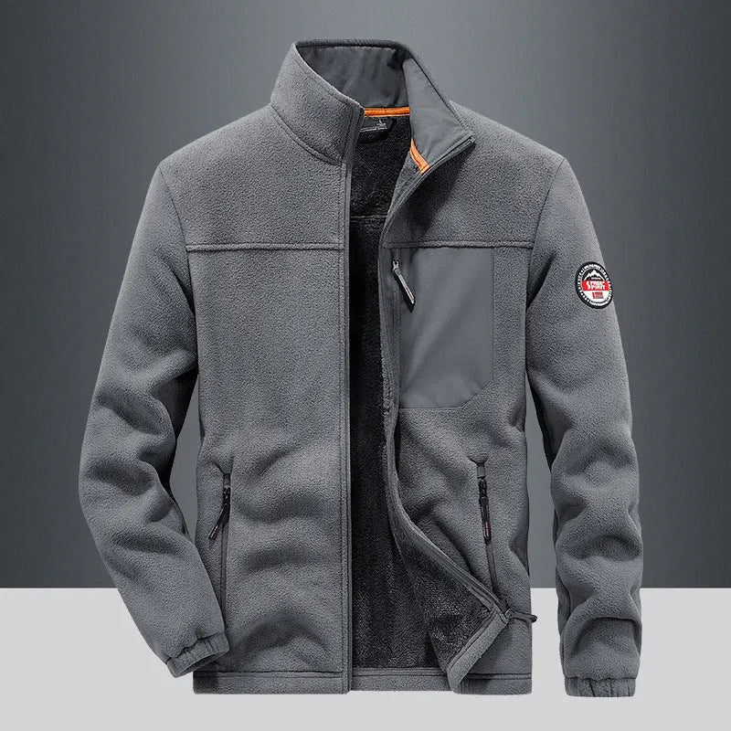Men's grey fleece cardigan casual jacket with zipper pockets on a hanger.