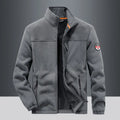 Men's grey fleece cardigan casual jacket with zipper pockets on a hanger.