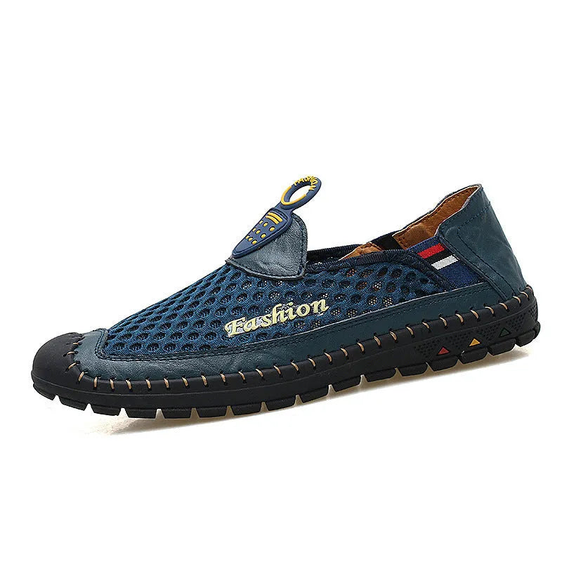 Men's brown casual mesh shoes with round toe, stitching detail, and a rubber sole.