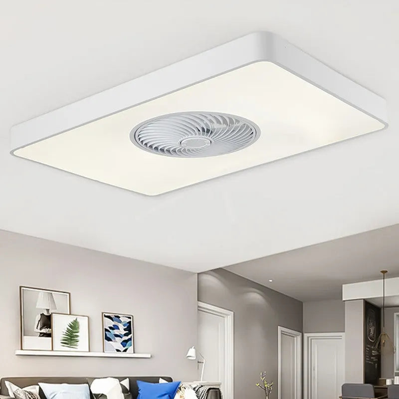 Nordic style ceiling fan with integrated light on a solid wood base, shown in rectangular, round, and square options.