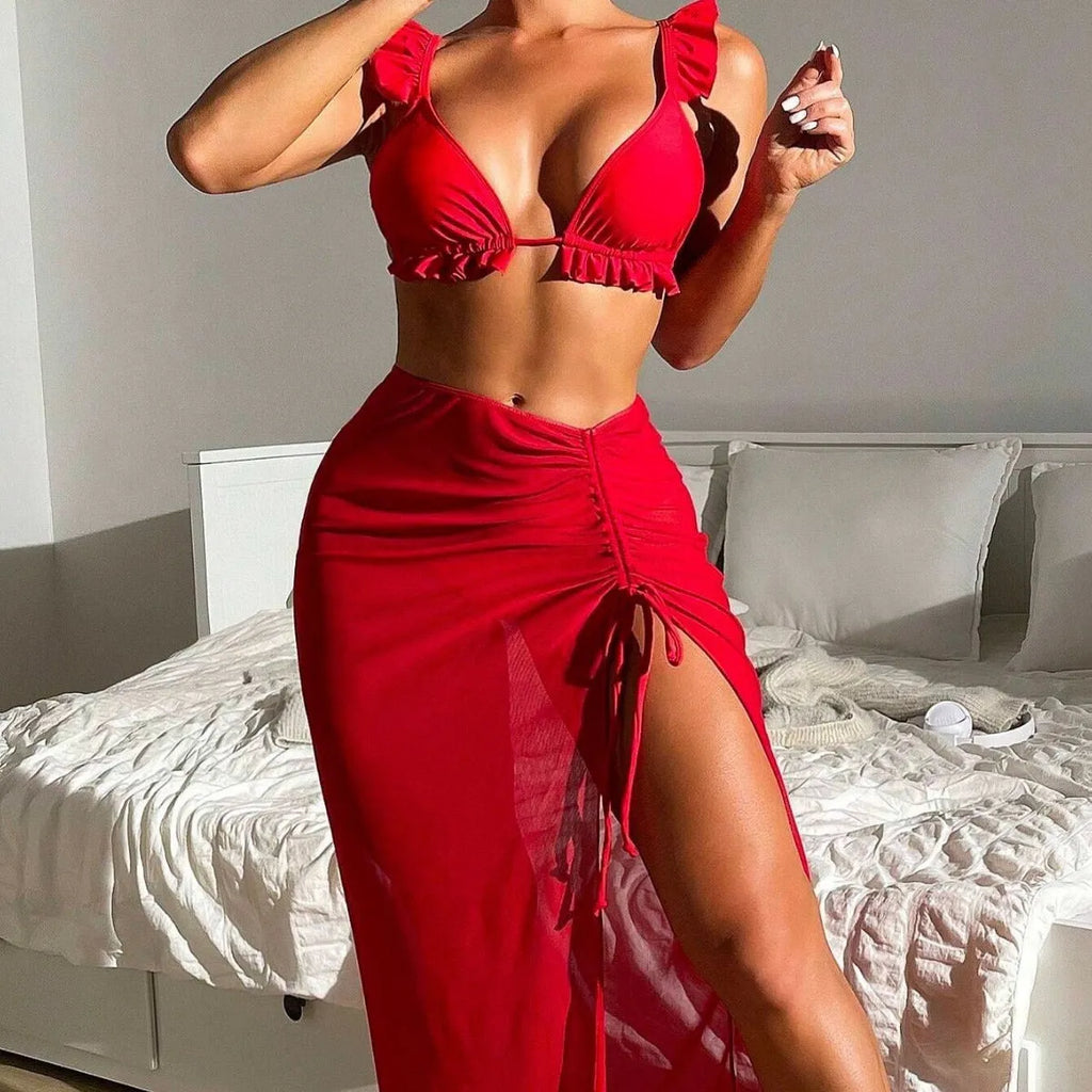 Women's printed split design swimsuit three-piece set with coordinating skirt in polyester fabric