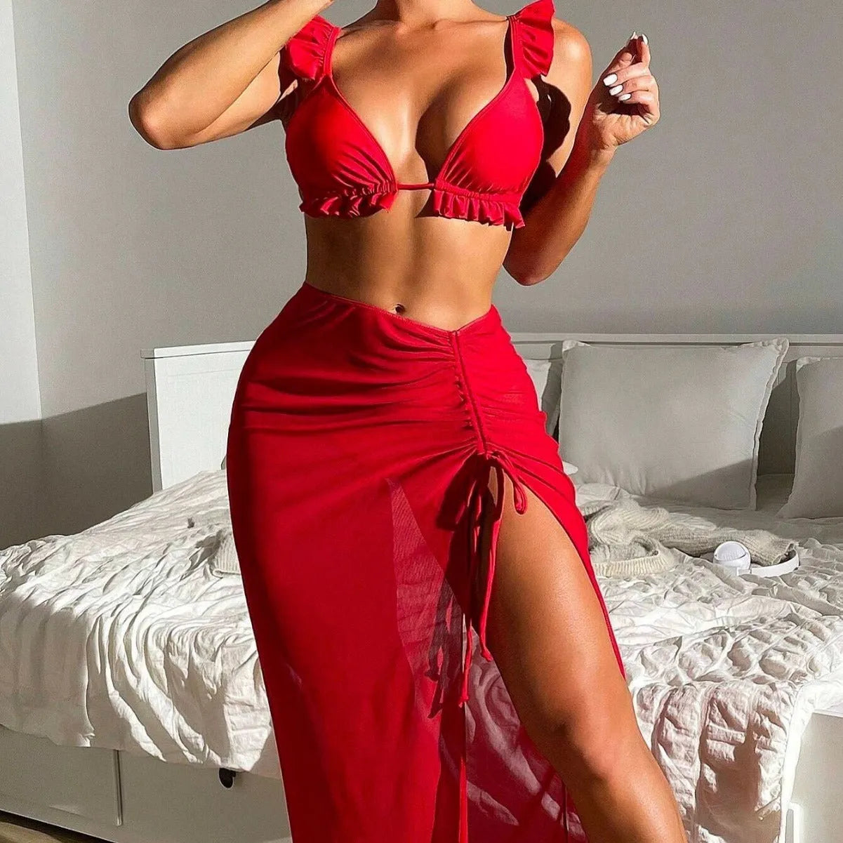 Women's printed split design swimsuit three-piece set with coordinating skirt in polyester fabric