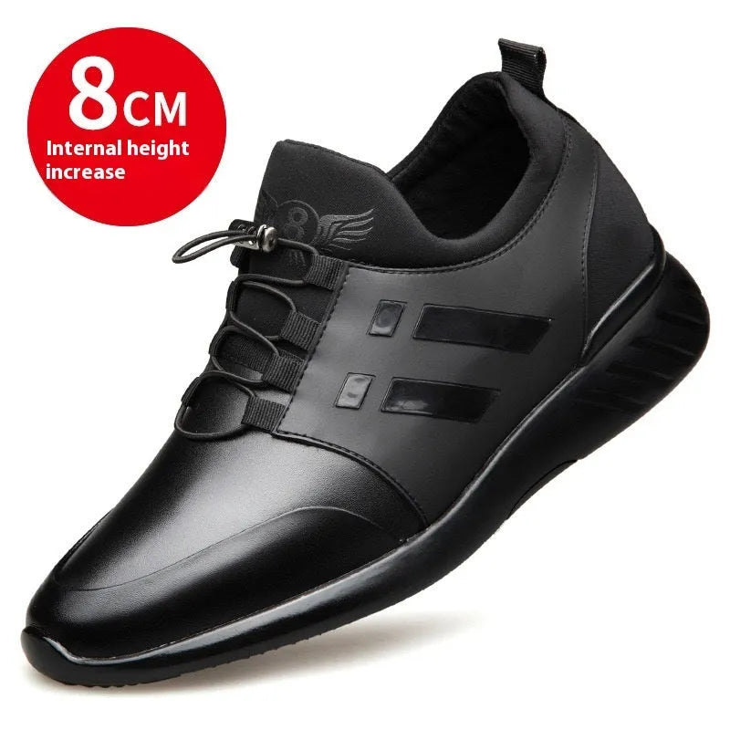 Men's black casual height increasing shoes with a chunky heel, round toe, and genuine leather upper.
