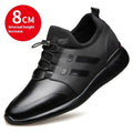 Men's black casual height increasing shoes with a chunky heel, round toe, and genuine leather upper.