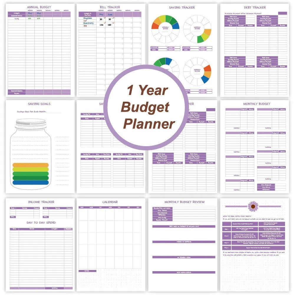 J12 purple coil-bound financial planning notebook with pen, stickers, and paper clips