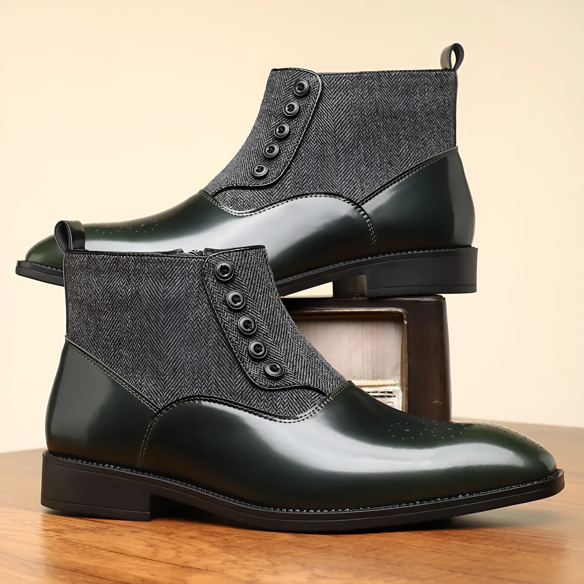 Men's brown retro formal shoes with a side zipper, square toe, and low square heel on a rubber sole.