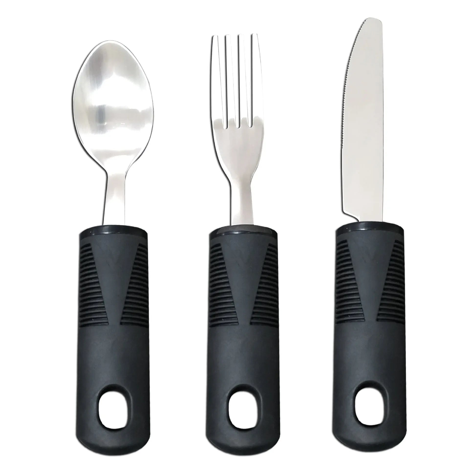 Stainless steel adaptive spoon with black rubber anti-shake handle for elderly food aid.