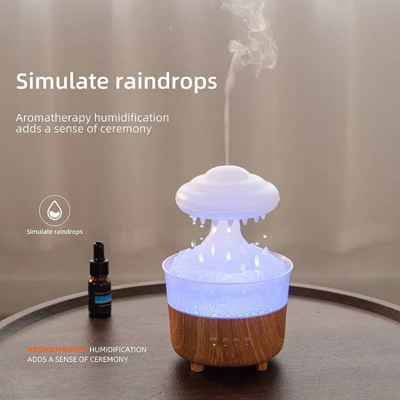 Wood grain white rain cloud shaped ultrasonic humidifier and essential oil diffuser with LED night lights.