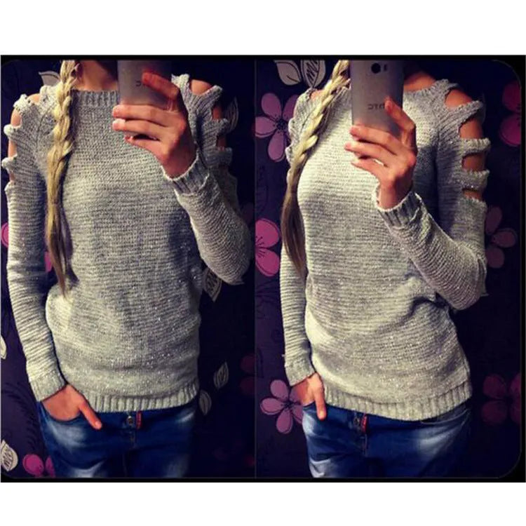 Women's grey solid colour pullover shirt with hollow-out crochet detail on long sleeves