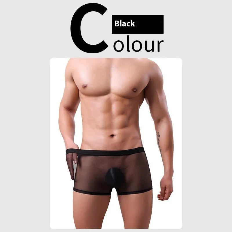 Men's mesh boxer briefs in thin sheer polyester fabric showing low waist design and breathable construction