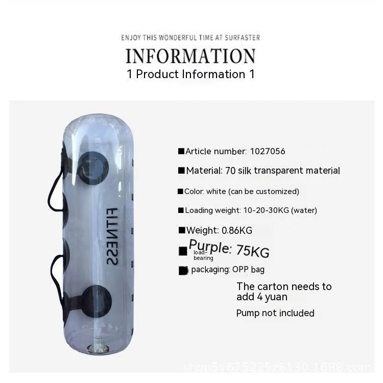 Transparent inflatable PVC bag filled with water, serving as an adjustable weight for strength training.