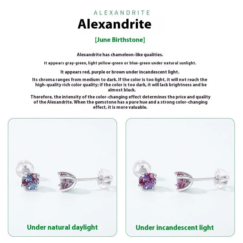 925 silver geometric ear studs with round cultivated Alexandrite stone