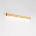 Walnut coloured log strip wall lamp with a square wood and acrylic profile mounted on a wall.