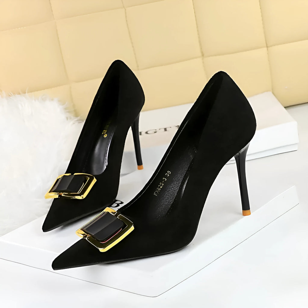 Black suede women's stiletto high heels with a pointed toe and a 9cm heel