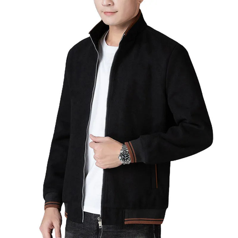 Men's grey sporty fleece jacket with stick pockets, shown on a hanger.