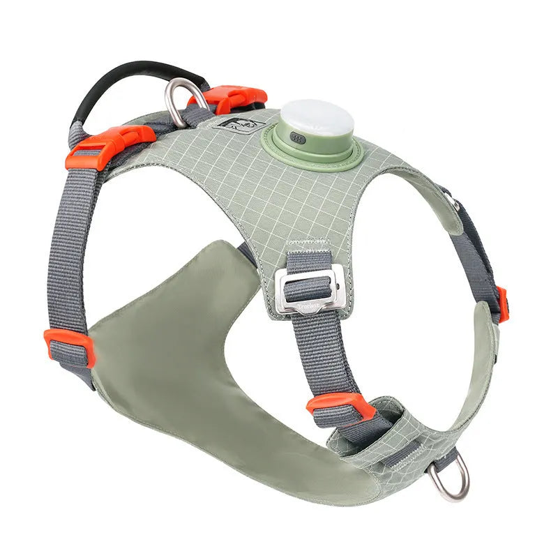 Light purple dog chest harness with integrated LED light, showing adjustable nylon straps and buckle.
