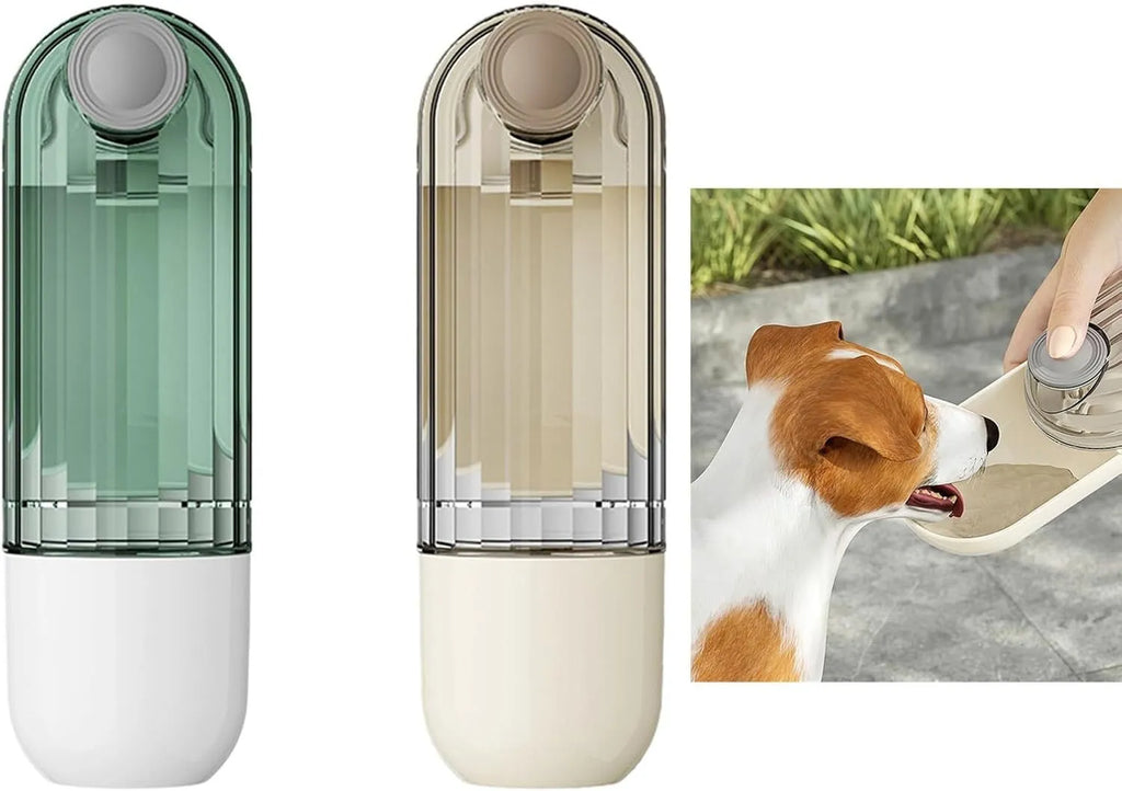 Beige foldable dog water bottle and food dispenser with tray, shown next to a dog on a walk.