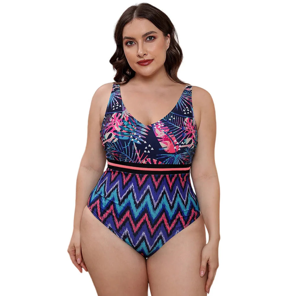 Women's striped spaghetti strap printed one-piece swimsuit in blue pattern design