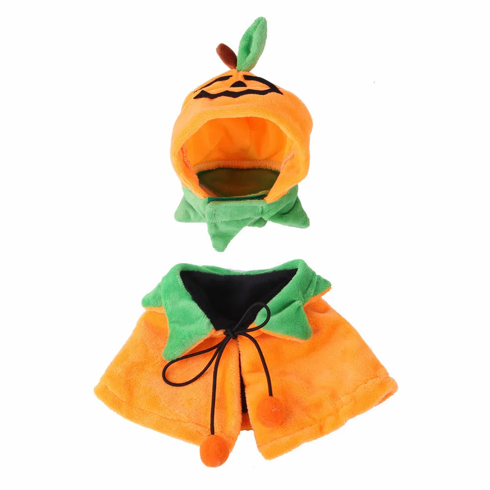 Orange plush Halloween cloak for dog with detachable hood, shown with size options