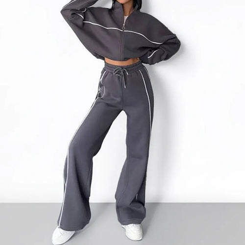 Casual two-piece suit set with a grey hoodie and striped lace-up trousers on a hanger