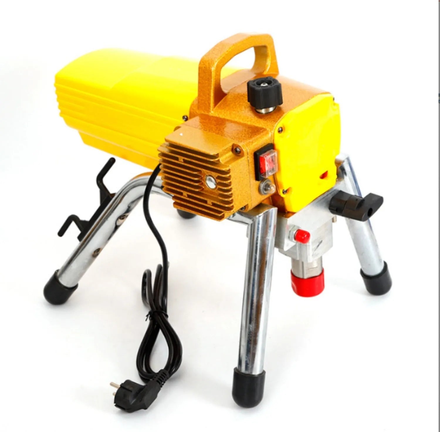 Blue 110V electric airless paint spraying machine with spray gun, hose, extension rod, and accessories on a work surface
