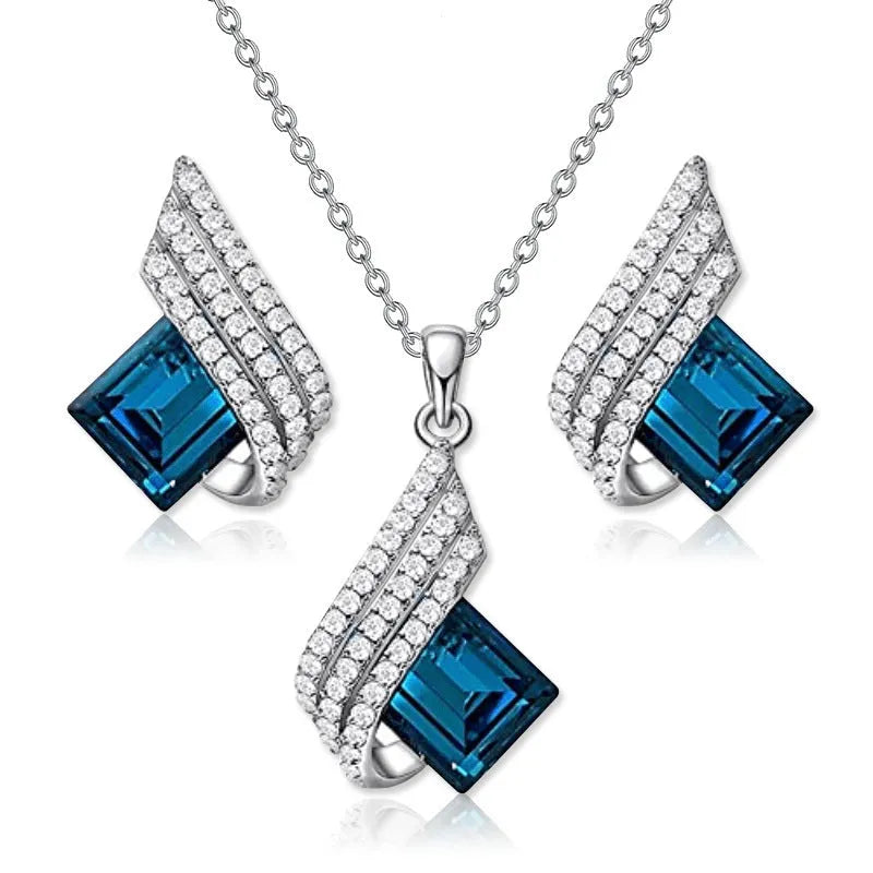 Ladies necklace and earring set with alloy pendant on cross chain, glass accents, electroplated finish
