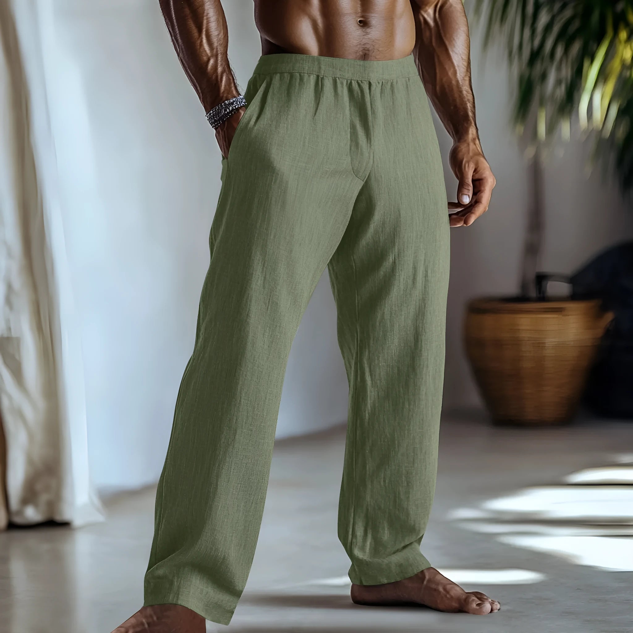 Cotton and linen straight leg casual trousers with pockets in light green colour