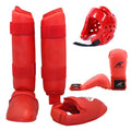 Karate and taekwondo protective gear set with leg guard, helmet, and boxing gloves in red or blue