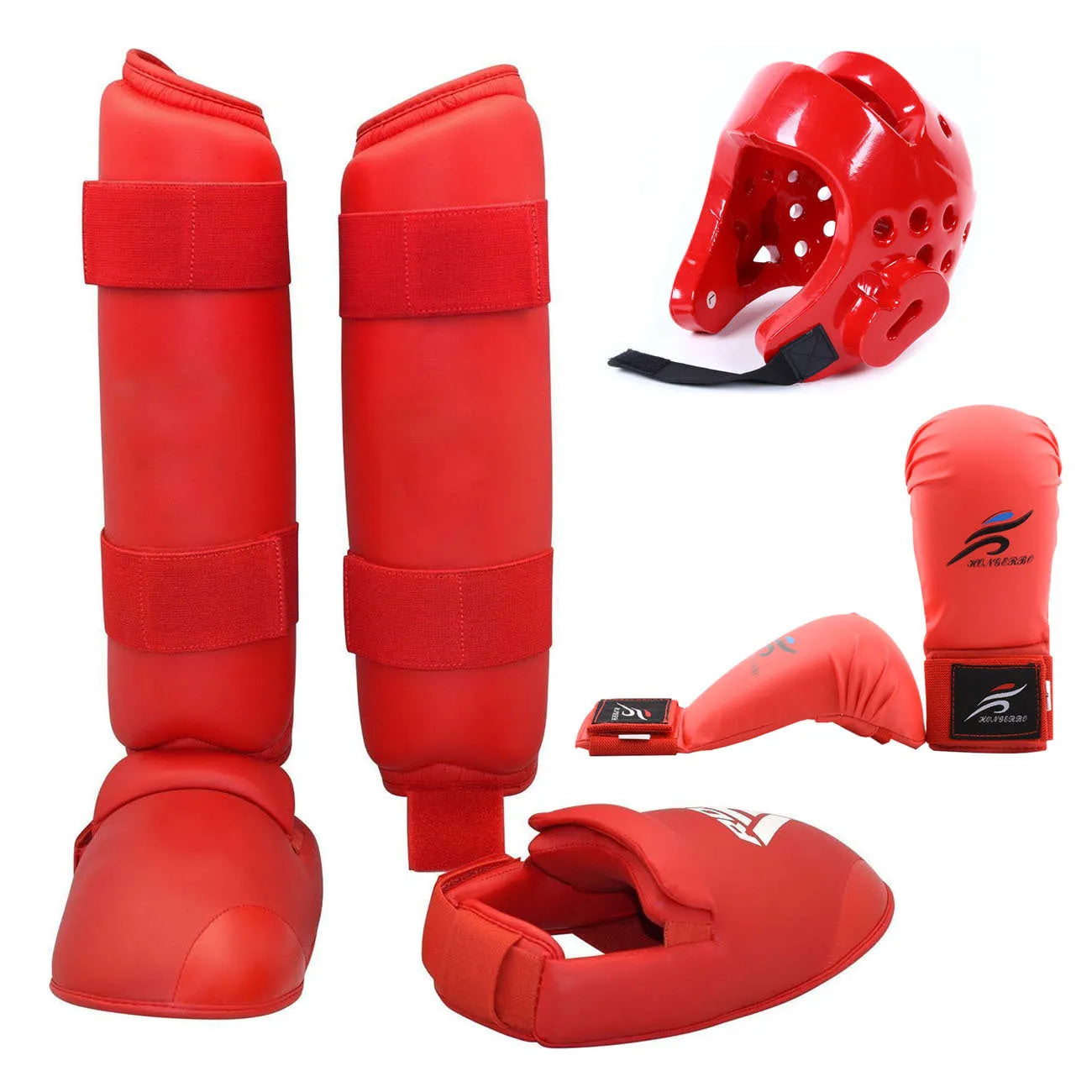 Karate and taekwondo protective gear set with leg guard, helmet, and boxing gloves in red or blue
