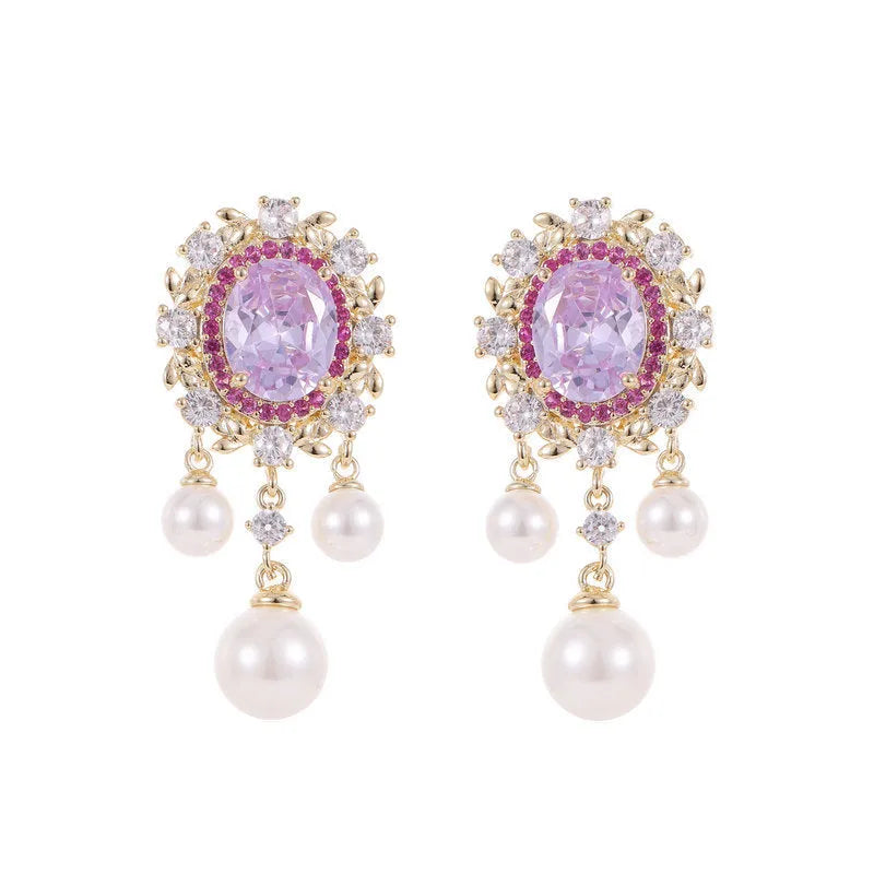 Oval geometric pearl tassel earrings with zircon stones in light purple colour