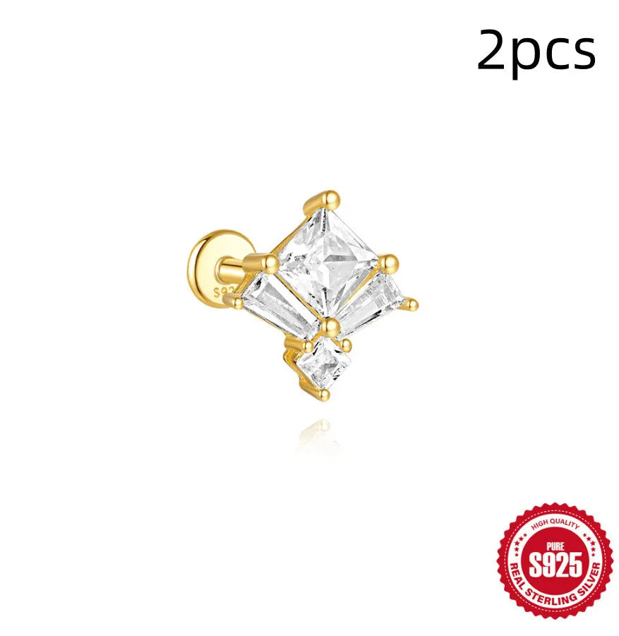 S925 sterling silver double ear piercings chain stud earrings with geometric design and zircon detailing