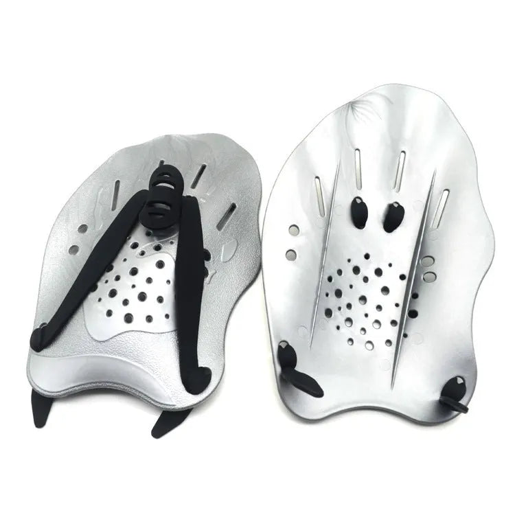 A pair of webbed swimming training hand paddles for freestyle stroke, shown in multiple colour options including dark blue with yellow.