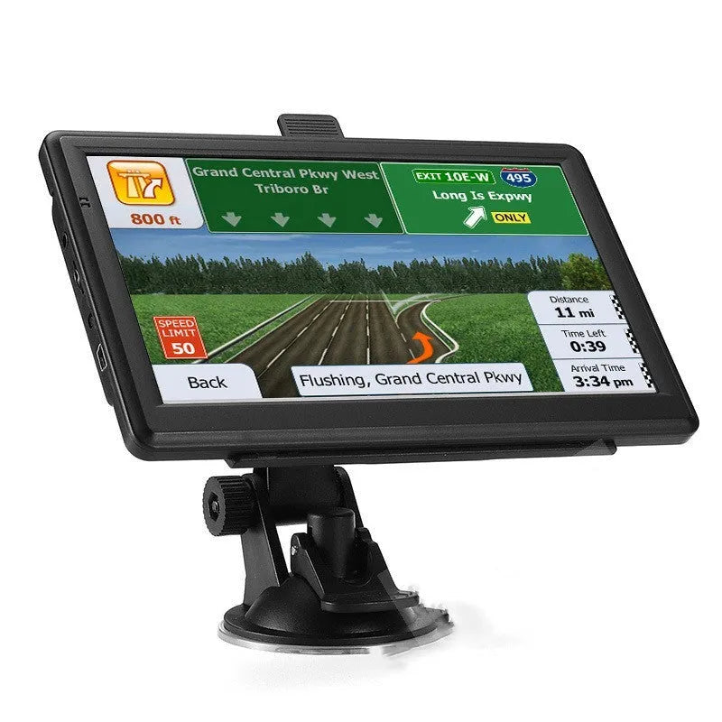7 inch car GPS navigation device with touch screen displayed on a dashboard mount