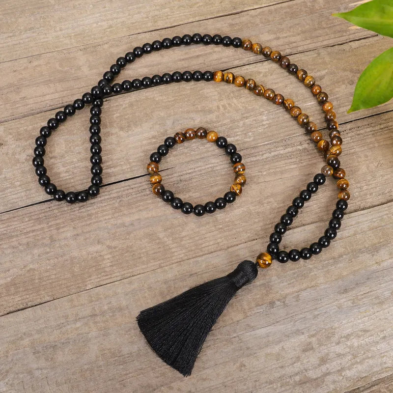 Handmade vintage tiger eye stone necklace with tassel details and ball bead chain