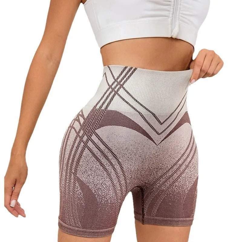 Women's high-waisted gradient fitness shorts in brown colour for yoga and running