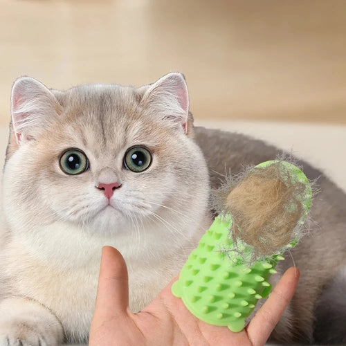 Silicone cat grooming comb with rounded teeth and adjustable strap in multiple colours