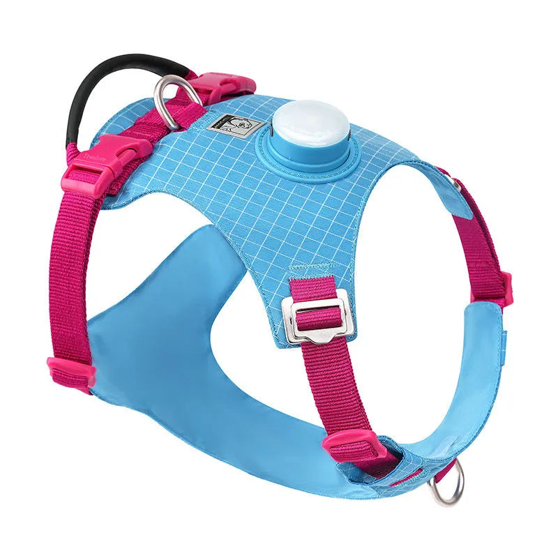 Light purple dog chest harness with integrated LED light, showing adjustable nylon straps and buckle.