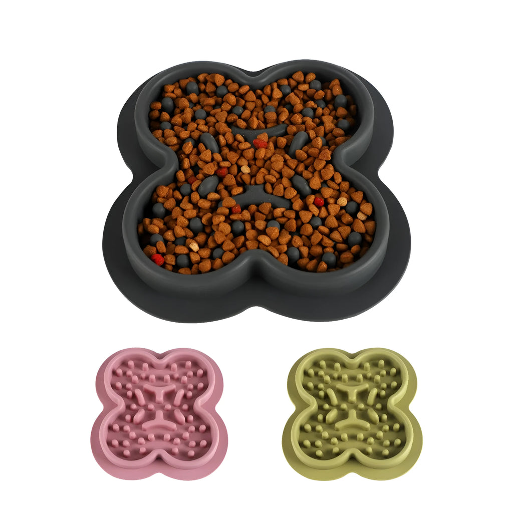Silicone pet licking pad with textured surface in various colours measuring 19cm by 21cm for slow feeding