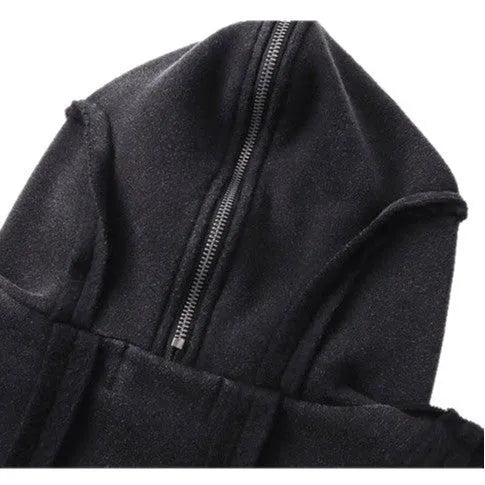 Black loose zip hooded cotton coat with abstract pattern and padding for autumn wear