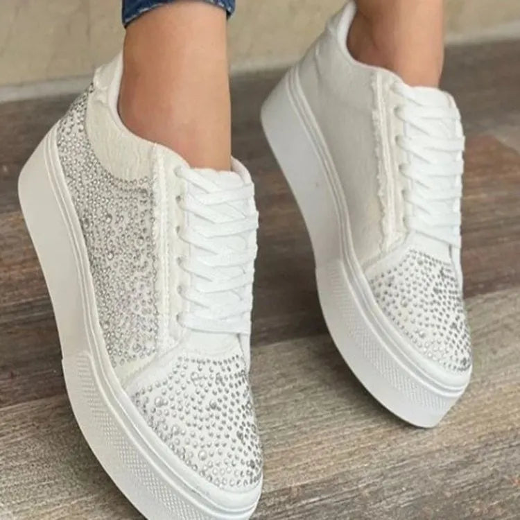 Plus size women's black lace-up casual shoes with rhinestone decoration and thick rubber soles