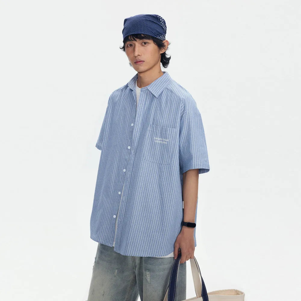 Blue and white striped loose-fit short-sleeved cardigan shirt for men and women