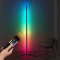Black smart floor lamp with RGB lighting, silicone shade, and remote control for bedroom atmosphere