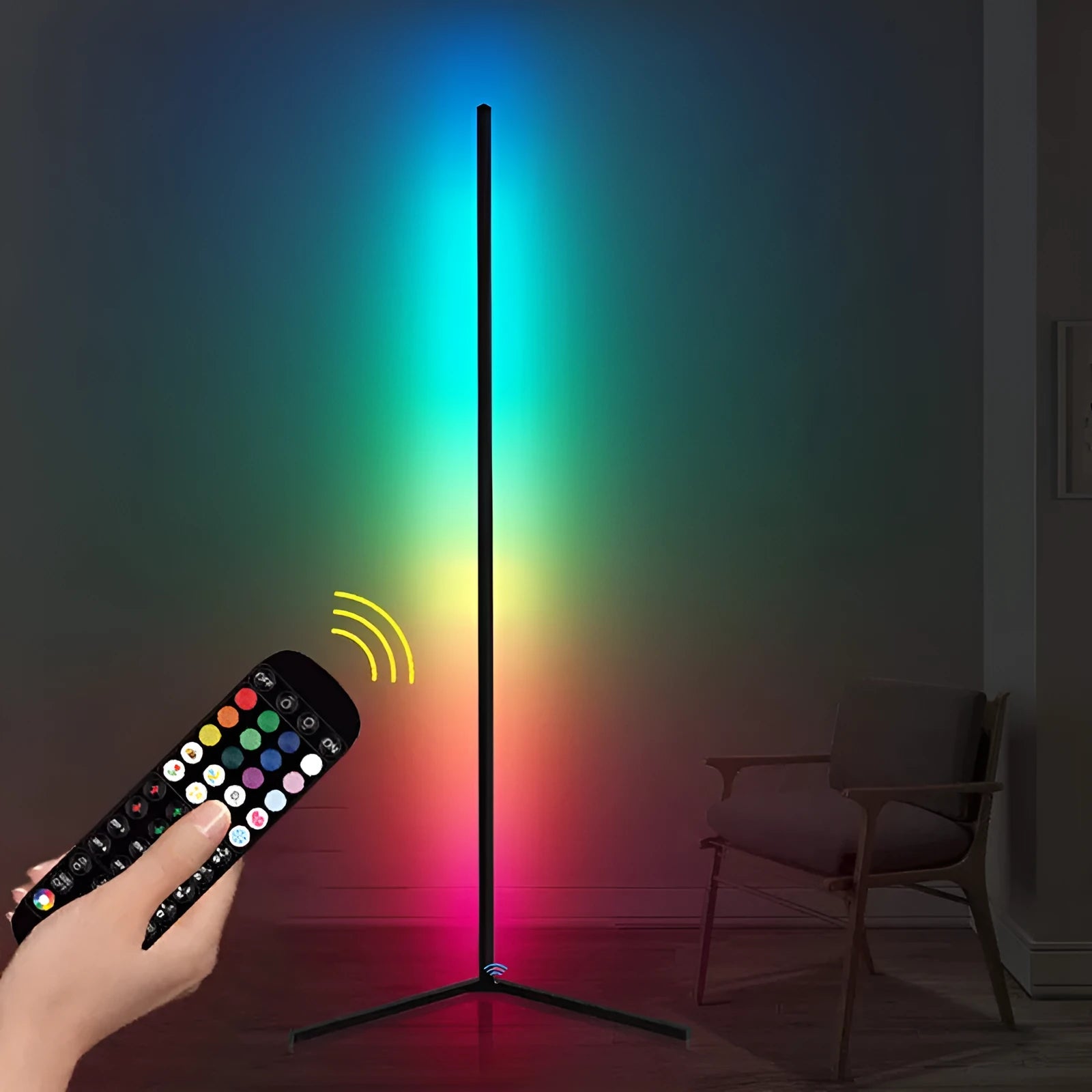 Black smart floor lamp with RGB lighting, silicone shade, and remote control for bedroom atmosphere