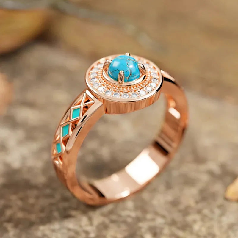 Rose gold women's turquoise ethnic style ring with geometric shapes and inlaid zircon decoration
