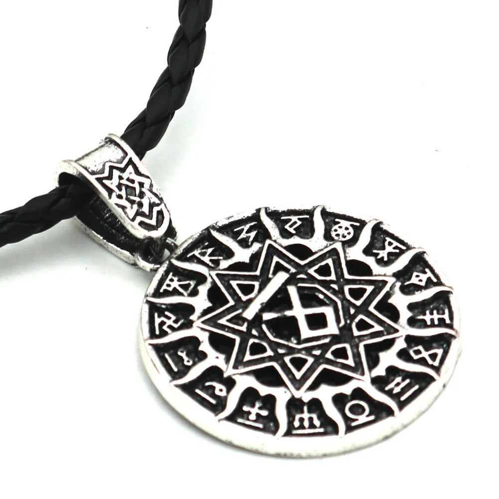 Lunavin ODing text pendant necklace with antique silver chain and leather rope options on display