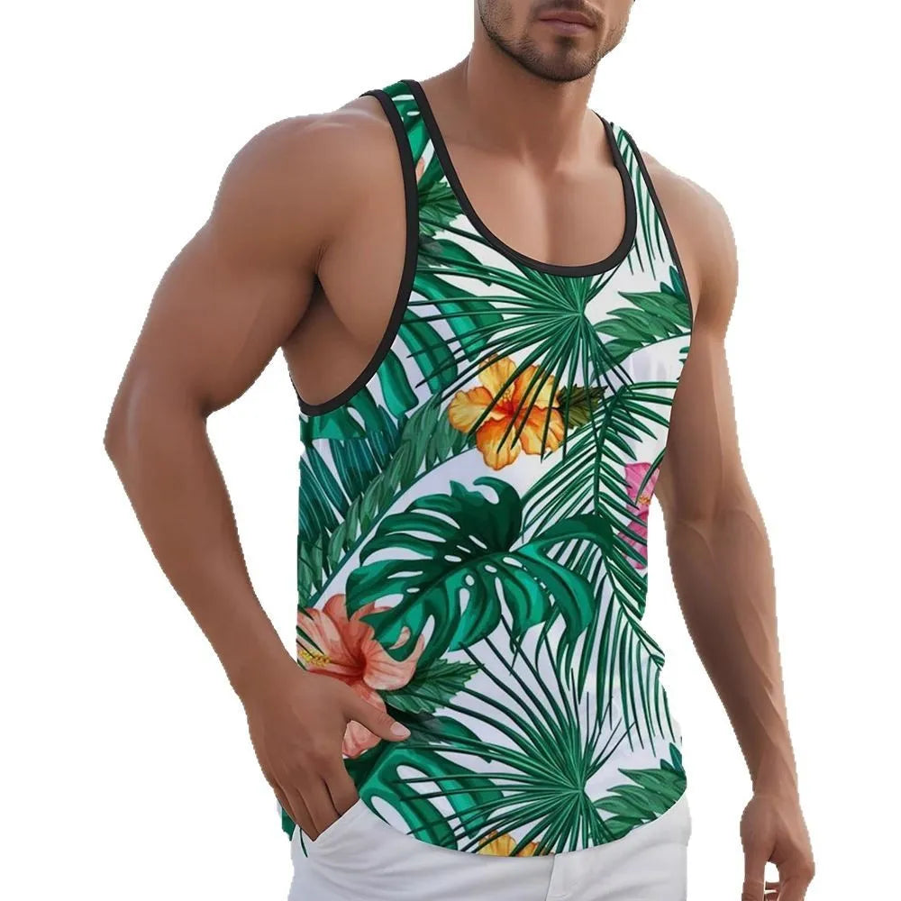 Men's solid colour Hawaiian style sleeveless vest with a 3D printed pattern.