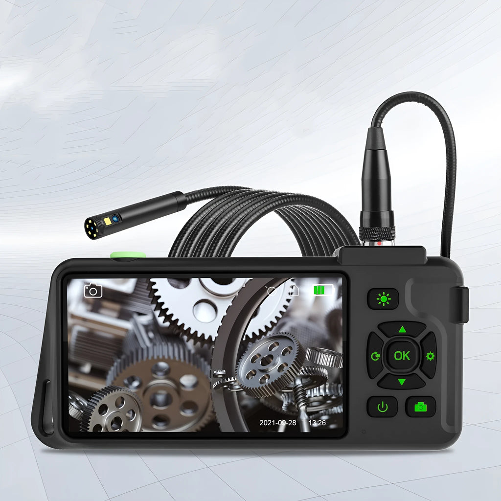 Handheld industrial endoscope with 4.5-inch colour screen and 1-metre probe for automotive inspection.