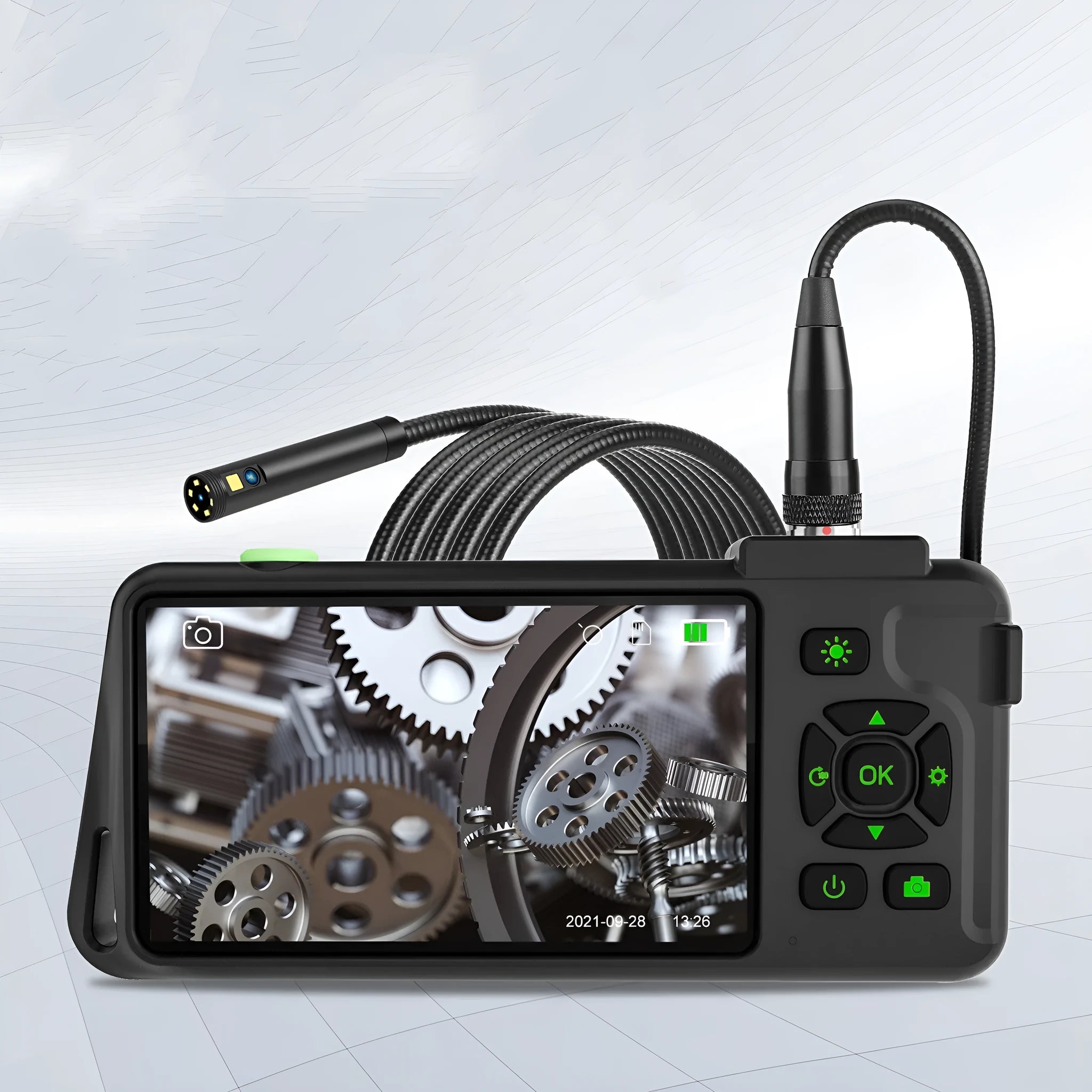Handheld industrial endoscope with 4.5-inch colour screen and 1-metre probe for automotive inspection.